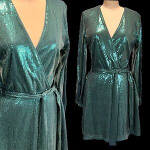 Sequin wrap bodice party dress midi long sleeve formal prom dance Nine West teal